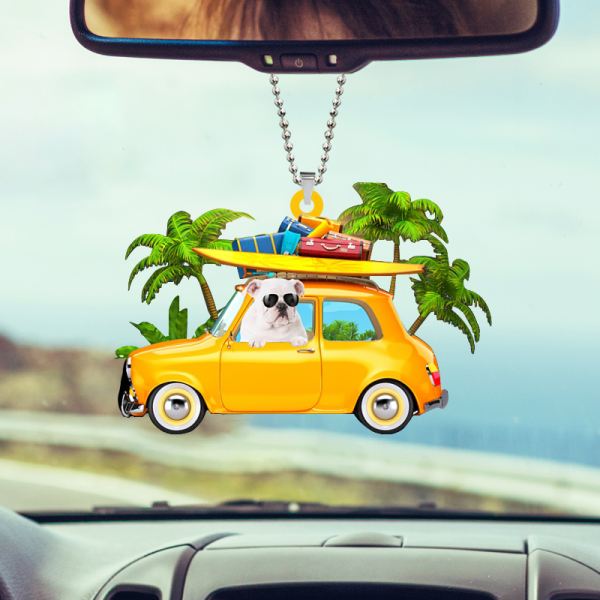 WHITEEnglishBulldog YellowSportsCarTwoSidesOrnament.png